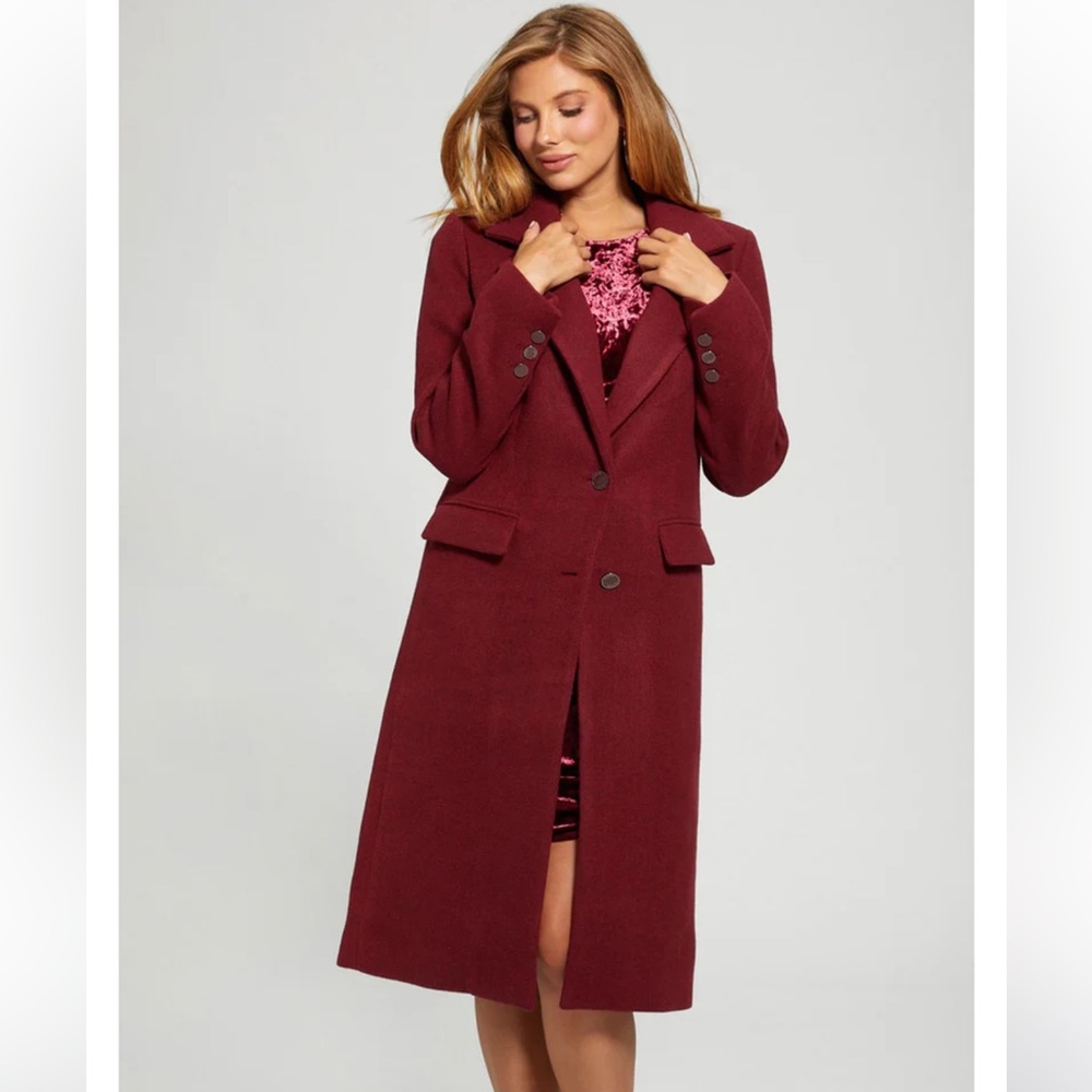 New Guess Vino Multi Laurence Burgundy 2 Breasted Button Long Coat S